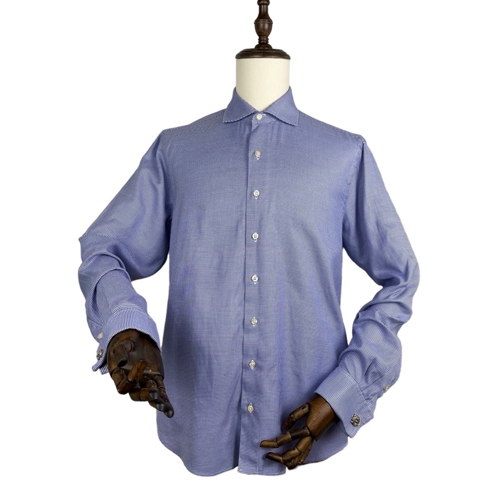 Hickey Freeman Blue & White Mini Houndstooth Dress Shirt French Cuffs Sz 16-1/2